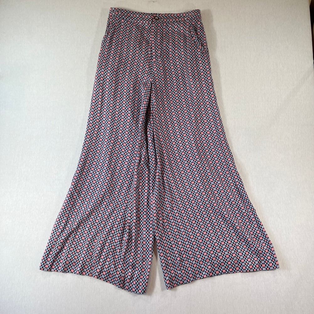 Maeve Anthropologie Wide Leg Pants 6 Pink Blue Geometric Diamond Viscose BOHO